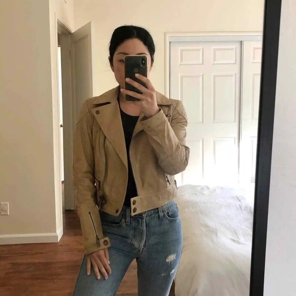 BURBERRY Brit Leather Moto Jacket Tan
